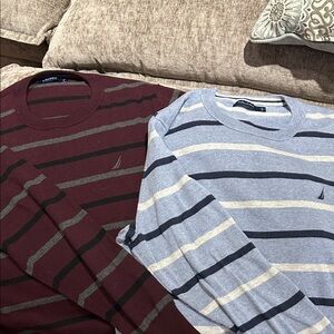 2 Nautica Men's Striped Crewneck Sweaters. - Light Blue & Burgundy size large